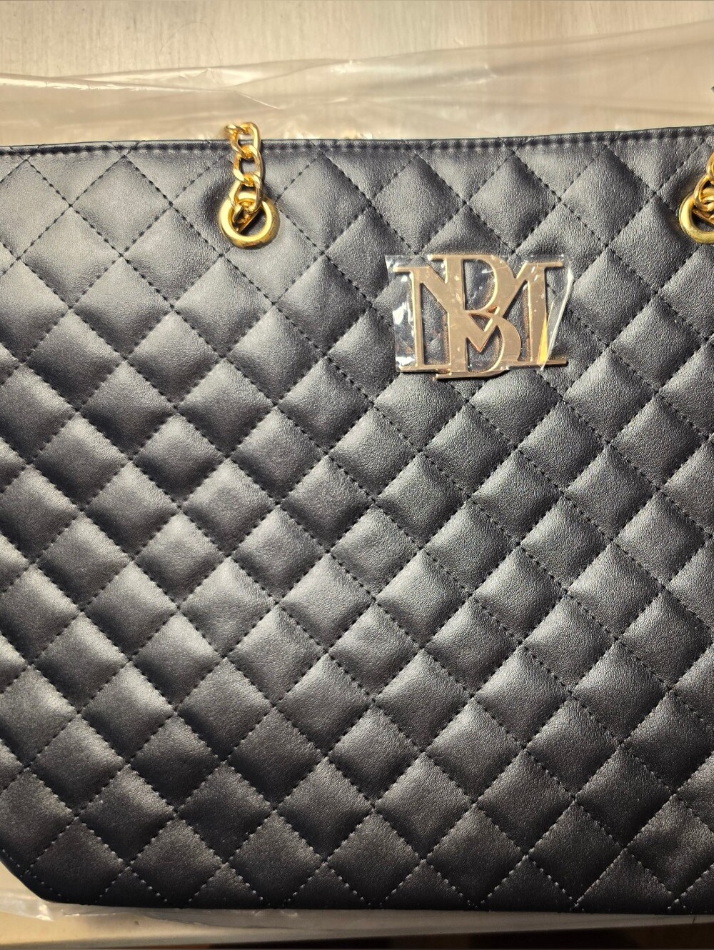Quilted Navy Shoulder Bag with Gold Chain Trim